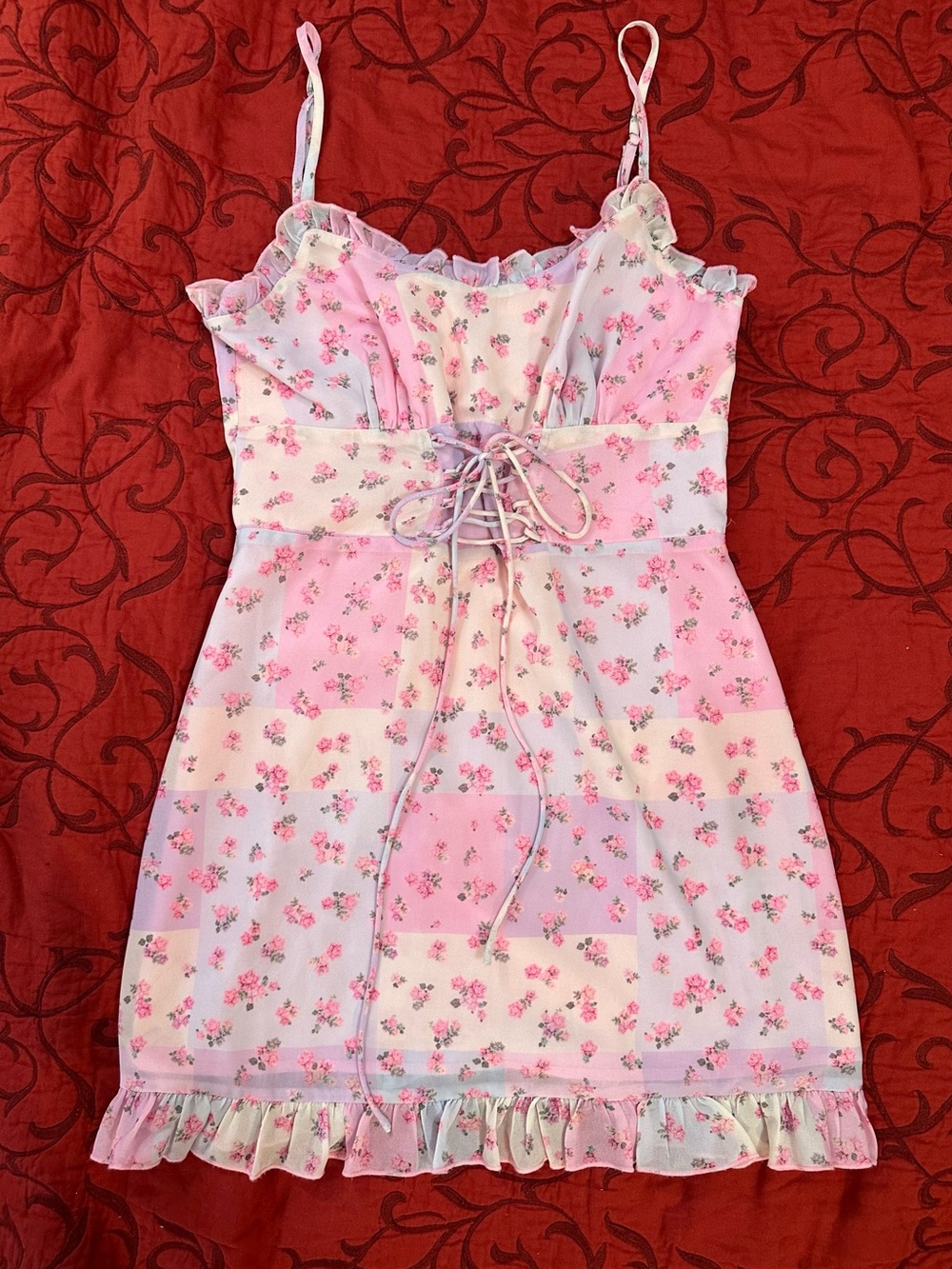 Sugar Thrillz Pink and White Floral Lace-Up Chemise